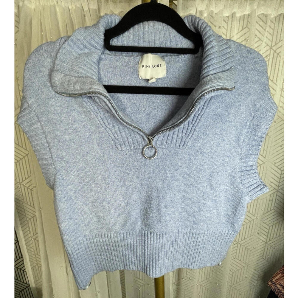 Pink Rose Women's Sleeveless Cropped Sweater Light Blue 1/4 Zip Sz S